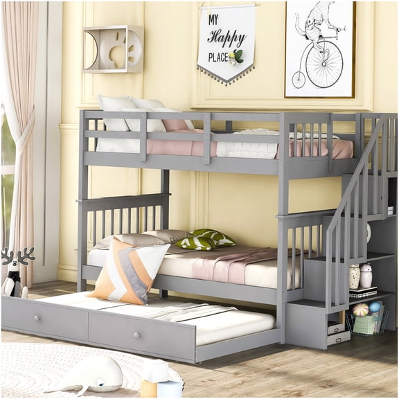 CHAMPFLAG 3-in-1 Solid Wood Bunk Bed with Trundle & Stairs, Twin Size Loft Bed with Storage Shelves for Space Saving, Convertible Design
