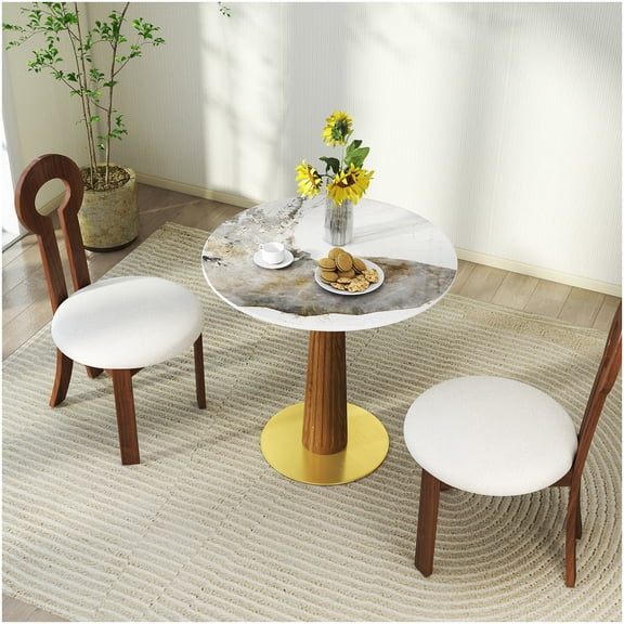 CHAMPFLAG 33.5" Round Kitchen Table for Small Spaces, Sintered Stone Top with Wooden Leg, Gold Base Modern Dining Table for 2, Compact Breakfast Nook
