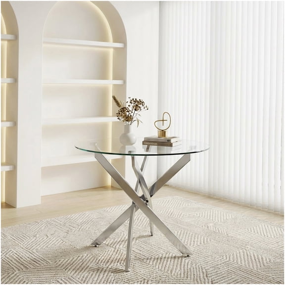 CHAMPFLAG 35.5 Inch Round Tempered Glass Kitchen Table, Chrome Base Dining Table for 4, Compact Modern Dining Room Furniture