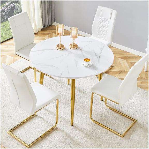 CHAMPFLAG 4-Piece Extendable Dining Set, White PU Leather Chairs with Gold Legs and Round Expandable Table, Modern Dinette for Kitchen and Dining Room