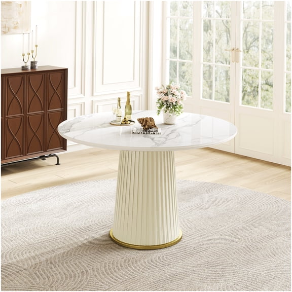 CHAMPFLAG 43 Inch Round Pedestal Dining Table, White Glossy Sintered Stone Top and Pleated Leather Look Base, Adjustable Feet for Stability