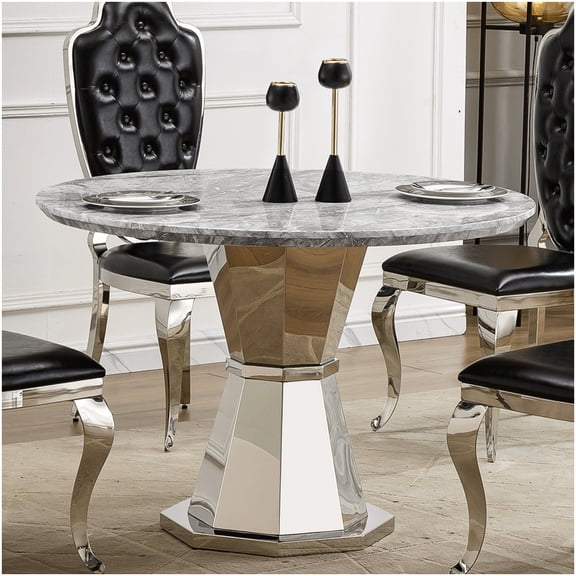 CHAMPFLAG 47 Inch Faux Marble Dining Table, Round Kitchen Table with Mirror Finish Stainless Steel Legs, Contemporary Dining Room Furniture