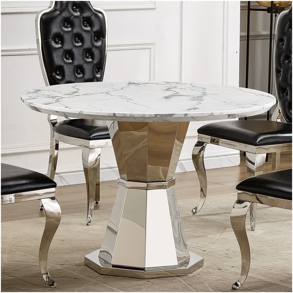 CHAMPFLAG 47 Inch Round Kitchen Table, Silver White Faux Marble Dining Table with Mirror Finish Steel Base for Modern Home