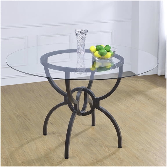 CHAMPFLAG 48 Inch Round Glass Top Dining Table with Gunmetal Base, Modern Sculptural Design, Seats 4, Tempered Glass Table for Dining Room