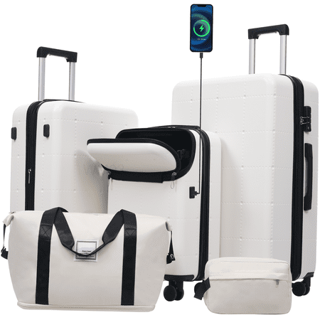 CHAMPFLAG 5 Piece Hardside Spinner Luggage Set in White, Expandable Checked &; Carry-On Suitcase with USB Port and TSA Lock