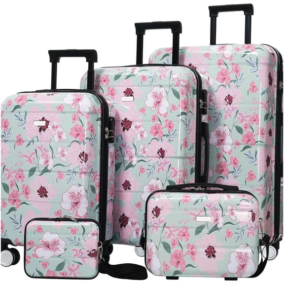 CHAMPFLAG 5-Piece Lightweight Hardside Luggage Set Floral Print, Spinner Wheels Suitcase with TSA Lock, ABS+PC Travel Set