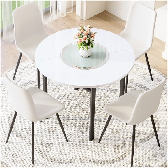 CHAMPFLAG 5-Piece Round Dining Set, White Table with Glass Top and 4 Padded Chairs, for Kitchen Dining Room