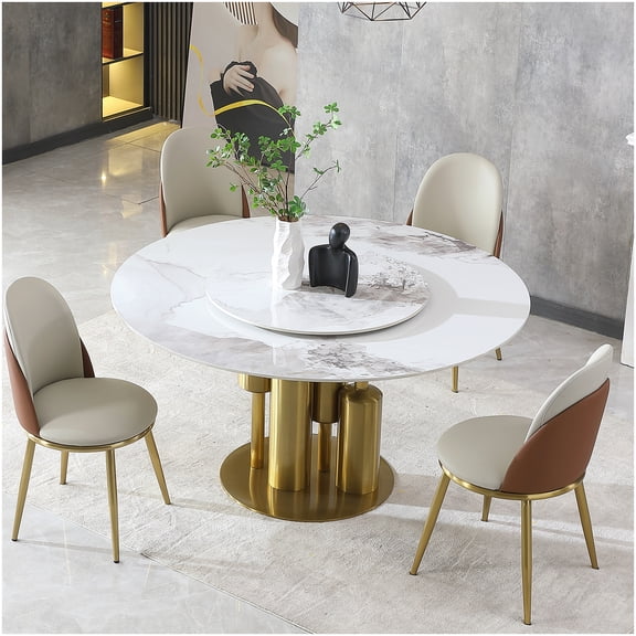 CHAMPFLAG 59" Round Kitchen Table Set with Chairs, Golden White Marble Look Sintered Stone and Metal Base, Includes Lazy Susan for 4