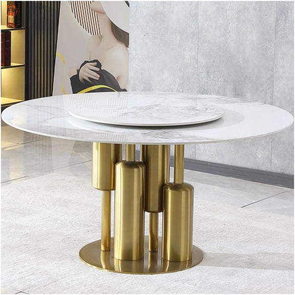 CHAMPFLAG 59" Round Kitchen Table with Lazy Susan, Modern Marble Look Sintered Stone, Stainless Steel Legs for Dining Room