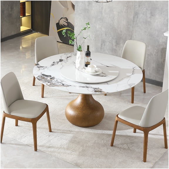 CHAMPFLAG 59" Round Kitchen Table with Rotating Turntable, Modern Faux Marble Sintered Stone Dining Table for Small Space