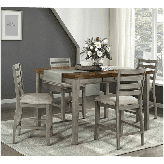 CHAMPFLAG 5pc Counter Height Dining Table Set with 4 Chairs, Two-Tone Cherry Gray Finish, Wood Table with Storage Drawers for Kitchen