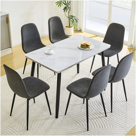 CHAMPFLAG 6-Person Dining Table Set, Rectangular Glass Top Table with 6 Upholstered Chairs, Modern Kitchen Furniture in White and Dark Gray