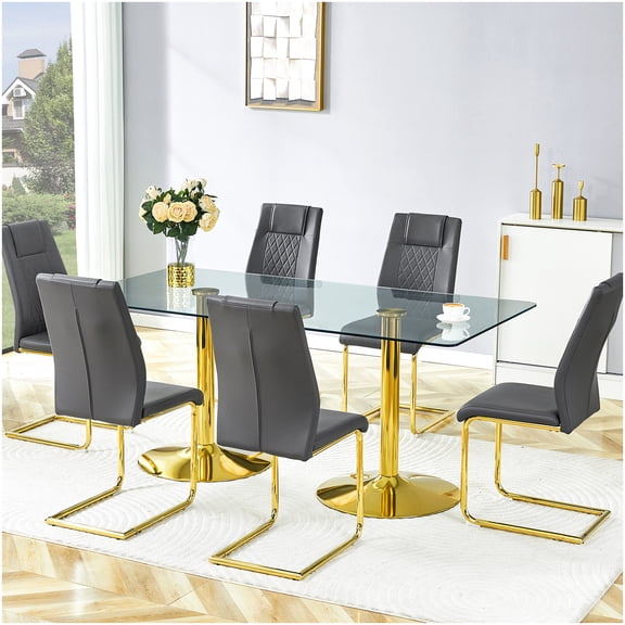 CHAMPFLAG 6-Person Dining Table Set, Tempered Glass Top with Gold Metal Base & Dark Gray PU Leather Chairs, Modern Dining Room Furniture