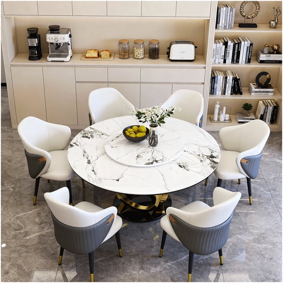 CHAMPFLAG 6-Person Round Dining Table Set, 360 Rotating Center with Sintered Stone Top, Stainless Steel Base, Heat/Scratch Resistant