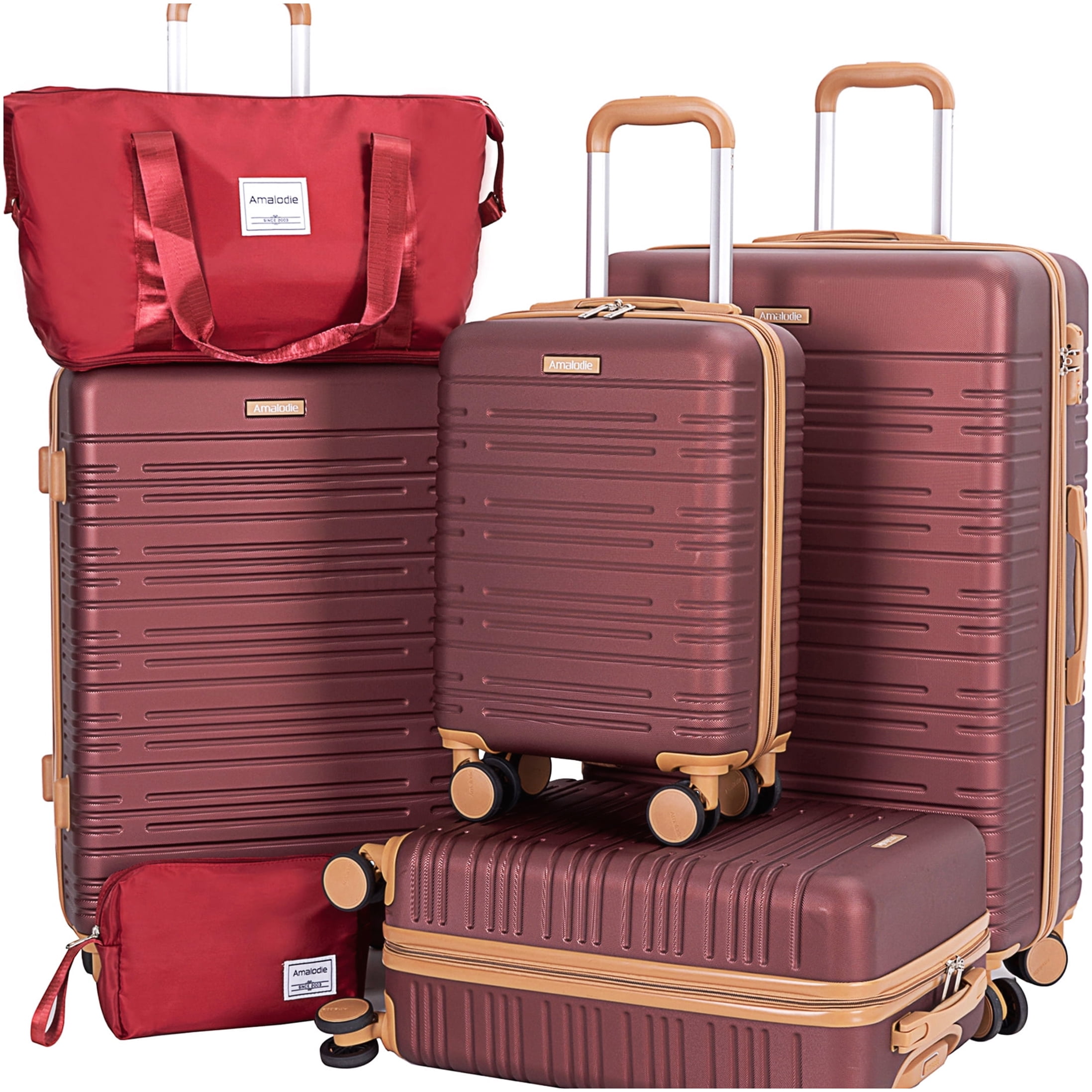 CHAMPFLAG 6-Piece Travel Luggage Set: ABS Hard Shell, Spinner Wheels, TSA Lock - Wine Red