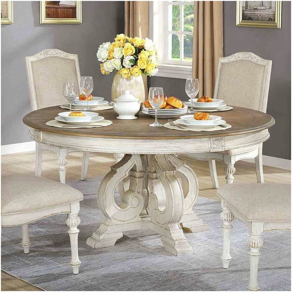 CHAMPFLAG 60 Inch Round Pedestal Dining Table, Solid Wood Antique White Finish, Rustic Elegance
