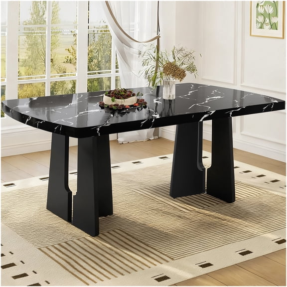 CHAMPFLAG 63 Inch Black Faux Marble Dining Table with Geometric Metal Legs, Sturdy Kitchen & Dining Room Table, Easy to Assemble Modern Design