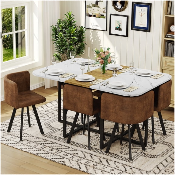 CHAMPFLAG 7-Piece Nesting Table and Chair Set for Small Spaces, Kitchen Dining Set with Melamine Top and PU Cushions, Black Iron Frame (Brown/White/Wood)
