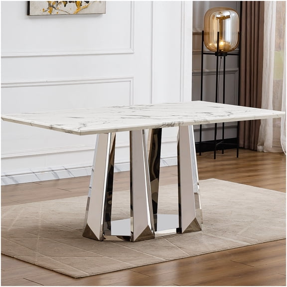 CHAMPFLAG 70 Inch Rectangular Dining Table, Faux Marble Top and Chrome Legs, Silver White Modern Kitchen Table for 6
