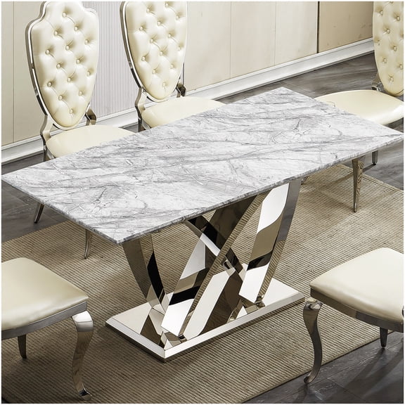 CHAMPFLAG 70" Rectangular Faux Marble Dining Table, Silver Grey Modern Kitchen Table with Chrome Metal Legs, Seats 6-8, Easy Assembly