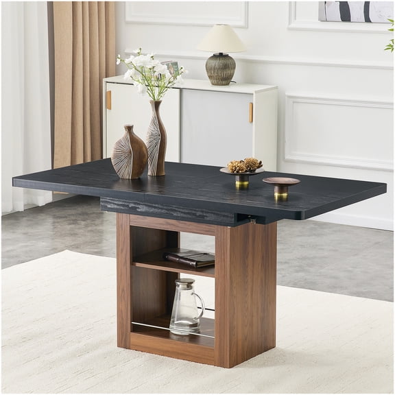 CHAMPFLAG 71 Inch Expandable Dining Table with Storage, Black Walnut Kitchen Table, Extendable for 8 People