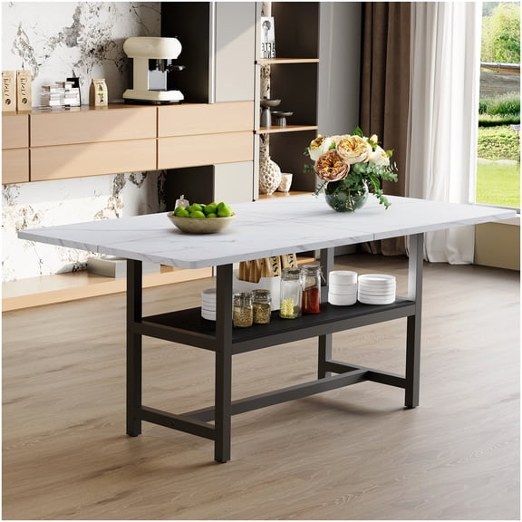 CHAMPFLAG 71 Inch Farmhouse Dining Table with Storage, White Textured Top and Black Metal Frame, Easy to Assemble Kitchen Table for 4-6 Persons