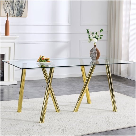 CHAMPFLAG 71 Inch Round Tempered Glass Kitchen Table, Gold Metal Base, Stable and Scratch-Resistant Dining Table for Home