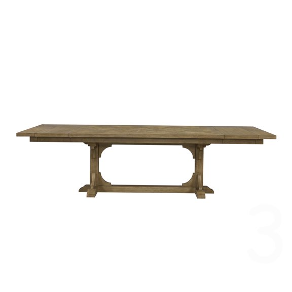 CHAMPFLAG 84 to 114 Inch Extendable Dining Table, Almond Finish with Geometric Trestle Base