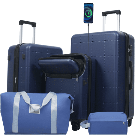 CHAMPFLAG ABS Hardside Spinner Luggage Set 5-Piece, Blue Expandable Suitcase with USB Port, Carry On and Checked Bags with TSA Lock