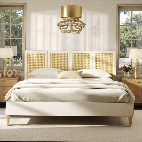 CHAMPFLAG Antique White King Bed Frame with Rattan Headboard, Upholstered Platform Base for Bohemian Style