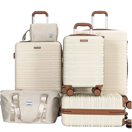 CHAMPFLAG Beige ABS Hardside 6-Piece Luggage with TSA Locks | Multi-Size Spinner Suitcase Set &; Expandable Duffel