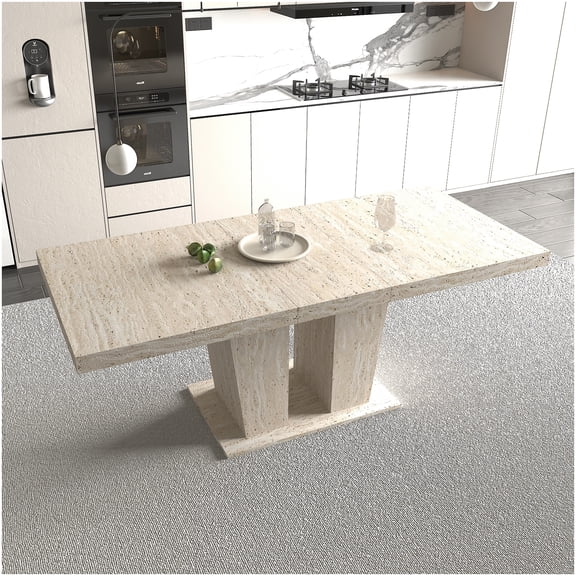CHAMPFLAG Beige Expandable Dining Table, Rectangular 6-10 Person Table with Stone Pattern, Durable MDF for Dining Room