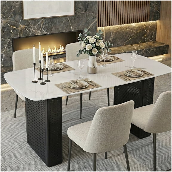 CHAMPFLAG Black Metal Base Rectangular Glass Dining Table, Marble Pattern Top for Kitchen, Dining Room, Office Desk