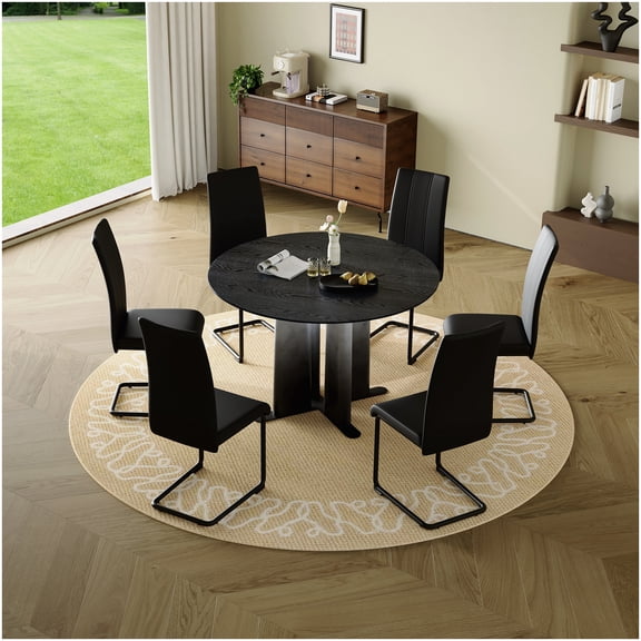 CHAMPFLAG Black Round Kitchen Table with Cross Base, Compact Dining Table for 4, Modern Wood Grain Finish