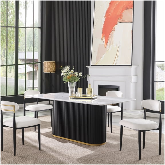 CHAMPFLAG Black and Gold Dining Table, 69 Inch Faux Marble Top Rectangular Table for 4, Kitchen & Dining Room Furniture with Sturdy Metal Base
