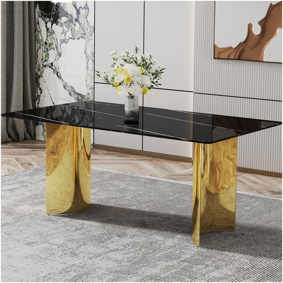CHAMPFLAG Black and Gold Dining Table, Tempered Glass Top Dining Room Table with Metal Frame, Modern Kitchen Table for Family Gatherings