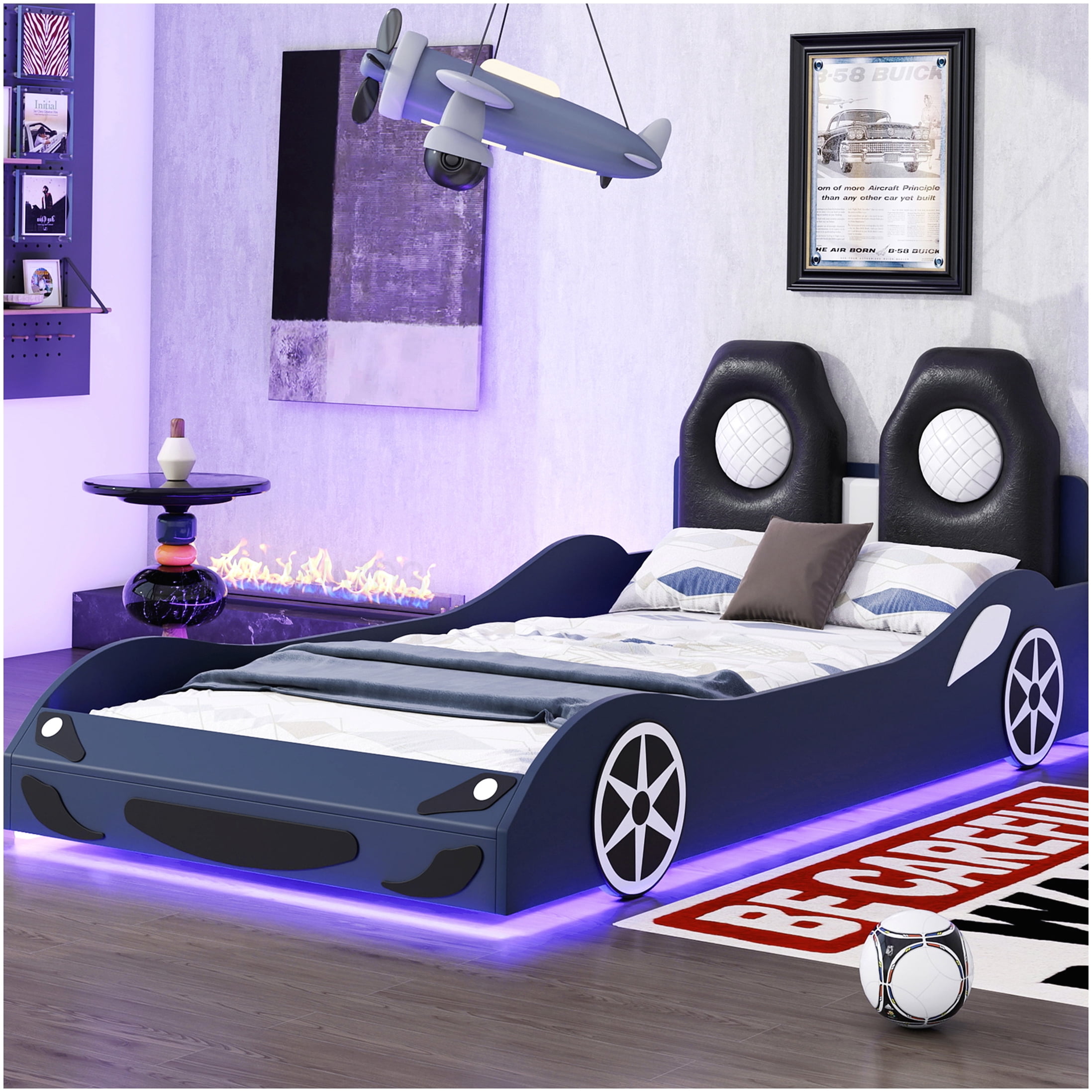 CHAMPFLAG Blue LED Race Car Bed, Twin Size PU Leather Platform Bed with Mood Lighting, No Box Spring Required