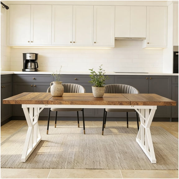 CHAMPFLAG Brown and White Dining Table, Rustic Industrial Kitchen Table with Trestle Legs, Seats 6