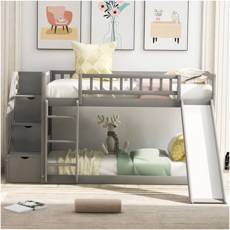 CHAMPFLAG Bunk Bed with Slide and Stairs, Twin Size with 2 Storage Drawers, Durable Solid Wood Frame, Space Efficient Bedroom Solution in Gray
