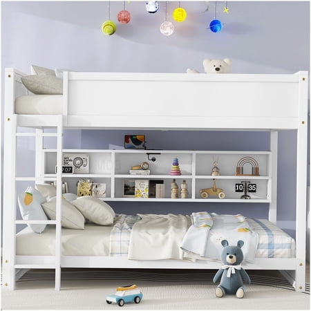 CHAMPFLAG Bunk Bed with Storage Drawers & USB Ports, Queen Size Pine Wood Frame, Safety Rails and Ladder Included, White