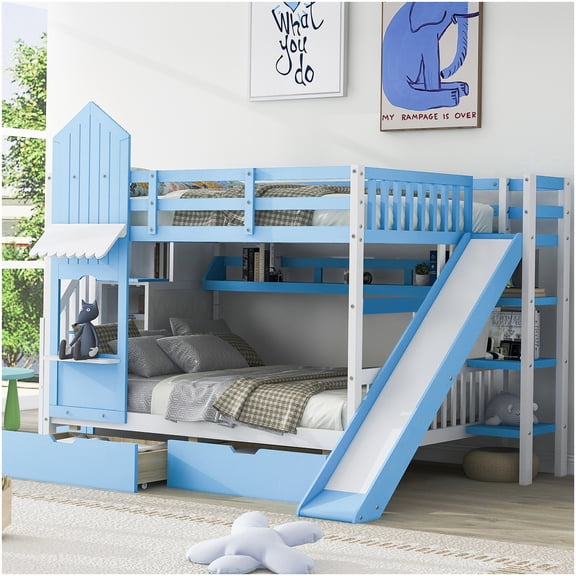 CHAMPFLAG Castle Design Bunk Bed with Slide and Storage, Full Size Loft Bed with Shelves, Solid Wood Frame in Blue for Space Efficient Bedroom Solutions