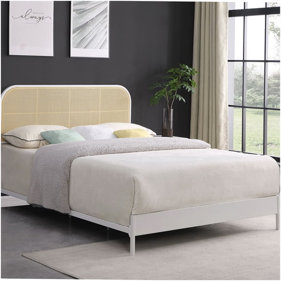 CHAMPFLAG Coastal Style Queen Bed Frame with Upholstered Rattan Headboard, White Platform Bed No Box Spring Needed