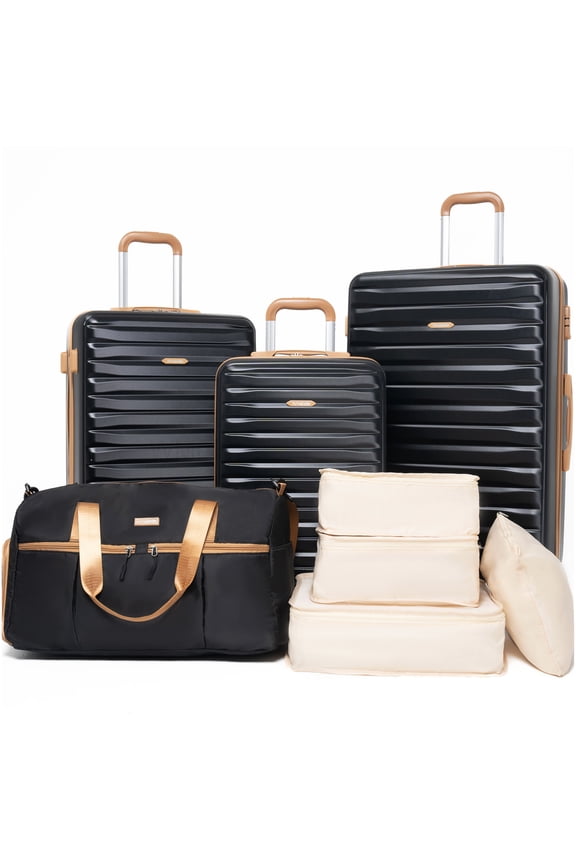 Complete Black Luggage Set 8-Piece, Hardshell Spinner Suitcase with TSA Lock, ABS Carry On Luggage Set Includes Gym Bag &; Packing Organizers
