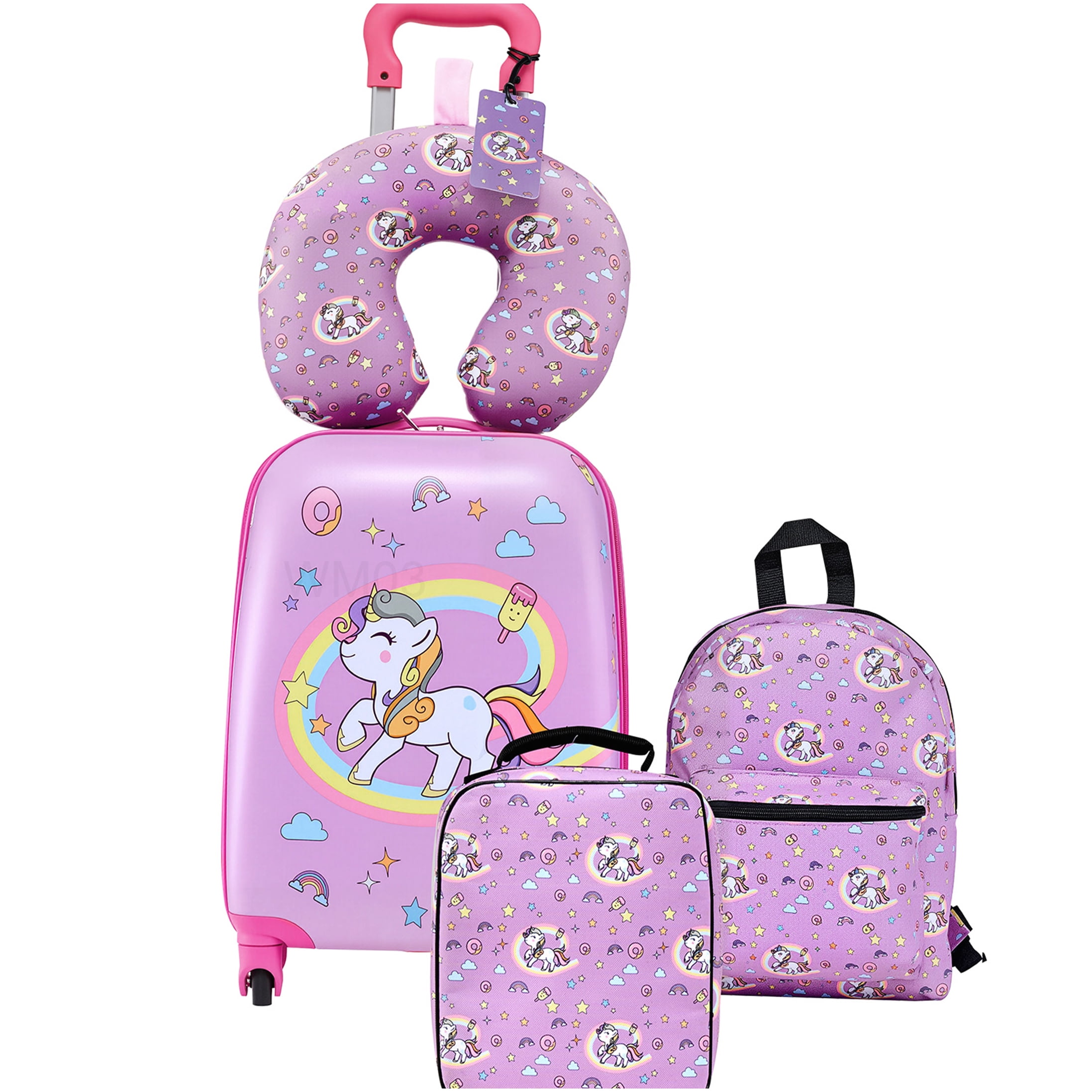 CHAMPFLAG Complete Travel Gear Set: 18 Inch Unicorn Hardside Suitcase with 360 Wheels, Backpack &; Neck Pillow, Airline Approved