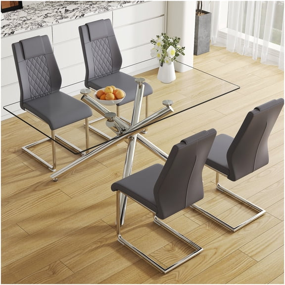 CHAMPFLAG Contemporary Dining Table Set for 4, Silver Fork Leg Glass Table & Gray PU Chairs