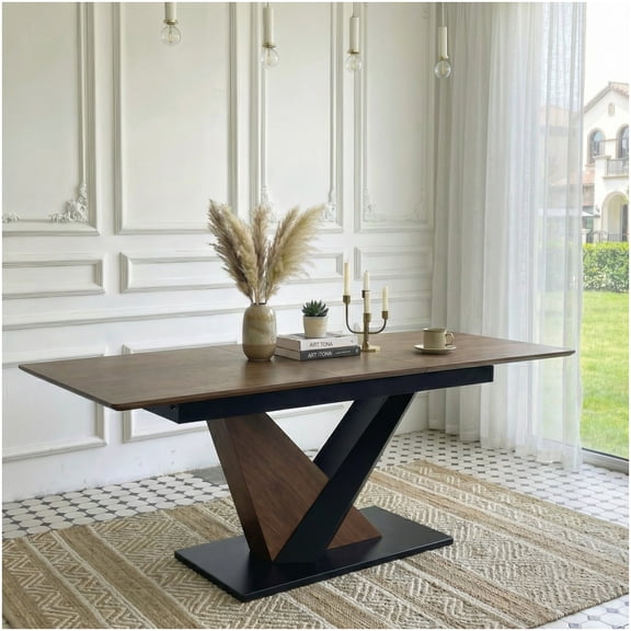 CHAMPFLAG Contemporary Extendable Dining Table, Dark Walnut Finish, Scratch-Resistant Wood Veneer Top, Metal X-Base, for 6 Seats
