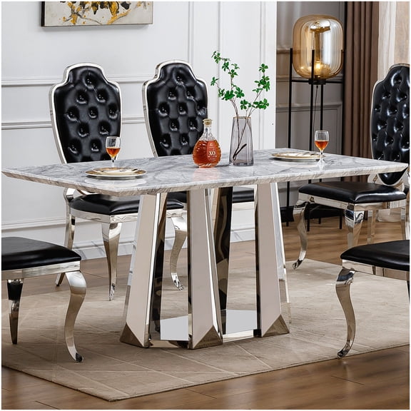 CHAMPFLAG Contemporary Rectangular Dining Table for 6, Faux Marble Top & Chrome Metal Legs, Large 70 Inch Kitchen Table in Silver Gray