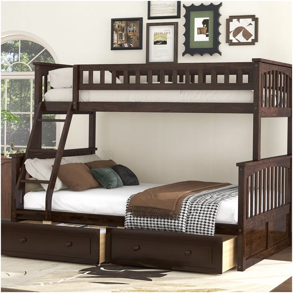 CHAMPFLAG Convertible Bunk Bed with Drawers, Twin Top Full Bottom Bunkbed, No Box Spring Needed, Espresso