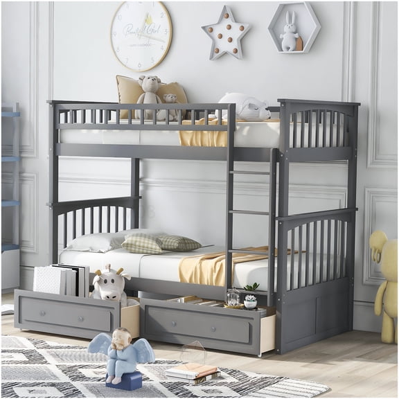 CHAMPFLAG Convertible Bunk Bed with Storage, Twin Size Platform Bed Frame in Gray, Solid Pine Wood, 2-in-1 Design for Home