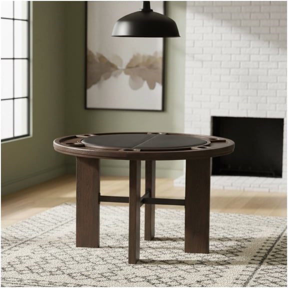CHAMPFLAG Convertible Game to Dining Table, 48 Inch Round with Black Faux Leather Insert, Walnut Brown Wood